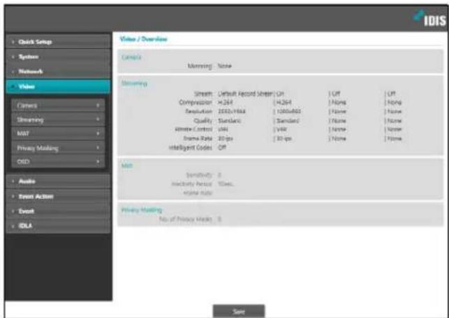 Child Setup Synthes Network Video Camers Streaming MAT Privacy Masking OKD Audio Event Action Event IDLA Video / Overview Camels Monitoring: None Streaming Stream: Default Record Sheets: Off | Off | Off Compression H264 | H264 | None | None Resolution 2500x1664 | 1200x802 | None | None Quality Standard | Standard | None | None Estimate Control Util | Util | None | None Drama Rate 30 fps | 30 fps | None | None Intelligent Codes OFF | Off | None | None Mask Sensitivity: 0 Inactivity Period: 10 sec. None status: Privacy Masking No of Privacy Marks: 0 Save
