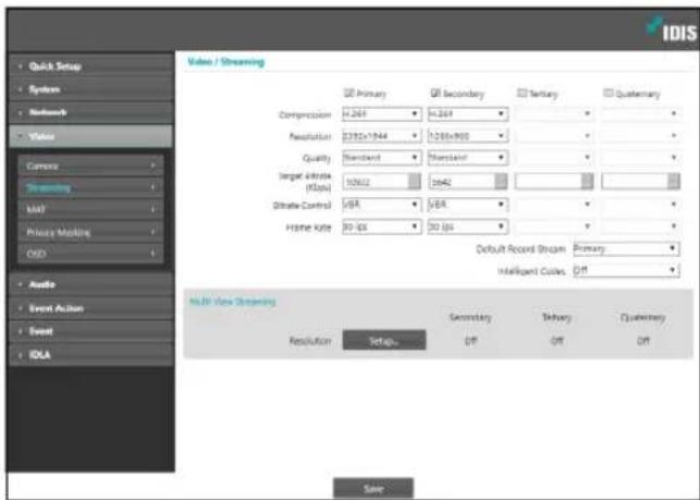 Quick Setup System Network Video Camera Streaming MAI Privacy Modeling GSD Audio Event Action Event IDLA Video / Streaming QF Primary QF Secondary QF Tertiary QF Secondary Compression 4.264 5.264 Resolution 3392x1044 1288x980 Quality Standard Standard Target Volume (Mbps) 10W/2 1042 Distribute Control I/BA I/BA Frame Rate 80 fps 80 fps Default Record Stream Primary Intelligent Colors Off Multi-View Streaming Resolution Setup Secondary Tertiary Quarterly OK Save