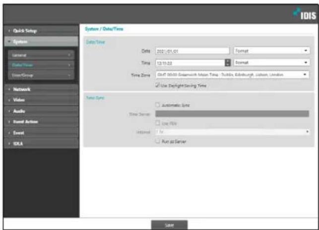IDIS System / Data/Time Data/Time Delta: 2021/01/01 Time: 13:10:03 Time Zone: Gk47 00:000 Gautamcik Mean Time - Nuttis, Edinburgh, London, London Use Daylight Saving Time Time Type: Automatic Sinc Time Server: Low File Internal: By: Run to Server OK System Internet Date/Time Video Audio Round Action Event IDLA