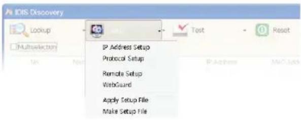 IDIS Discovery Lookup Multisector IP Address Setup Protocol Setup Remote Setup WebGuard Apply Setup File Make Setup File