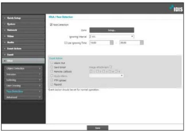 IDLA / Face Detection Face Detection Zone Setup... Ignoring Interval: 200 Use ignoring Time: 15.00 - 30.00 Event Action Alarm Out Send Email Remote Callback Audio-Alarm FTP Upload Received Event Action should be set for normal operation. OK Cancel