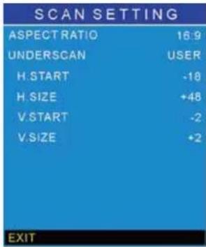 SCAN SETTING ASPECT RATIO 16:9 UNDERSCAN USER H. START -18 H. SIZE +48 V. START -2 V. SIZE +2 EXIT