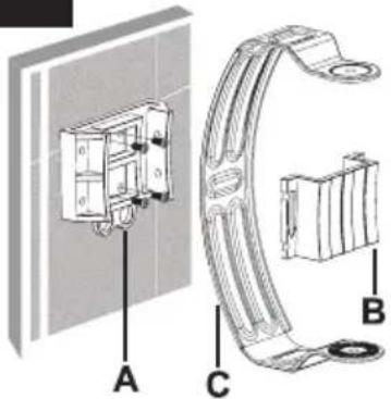 Technical diagram showing labeled components of an electrical outlet, including a switch and a curved metal bracket with parts A, B, and C.