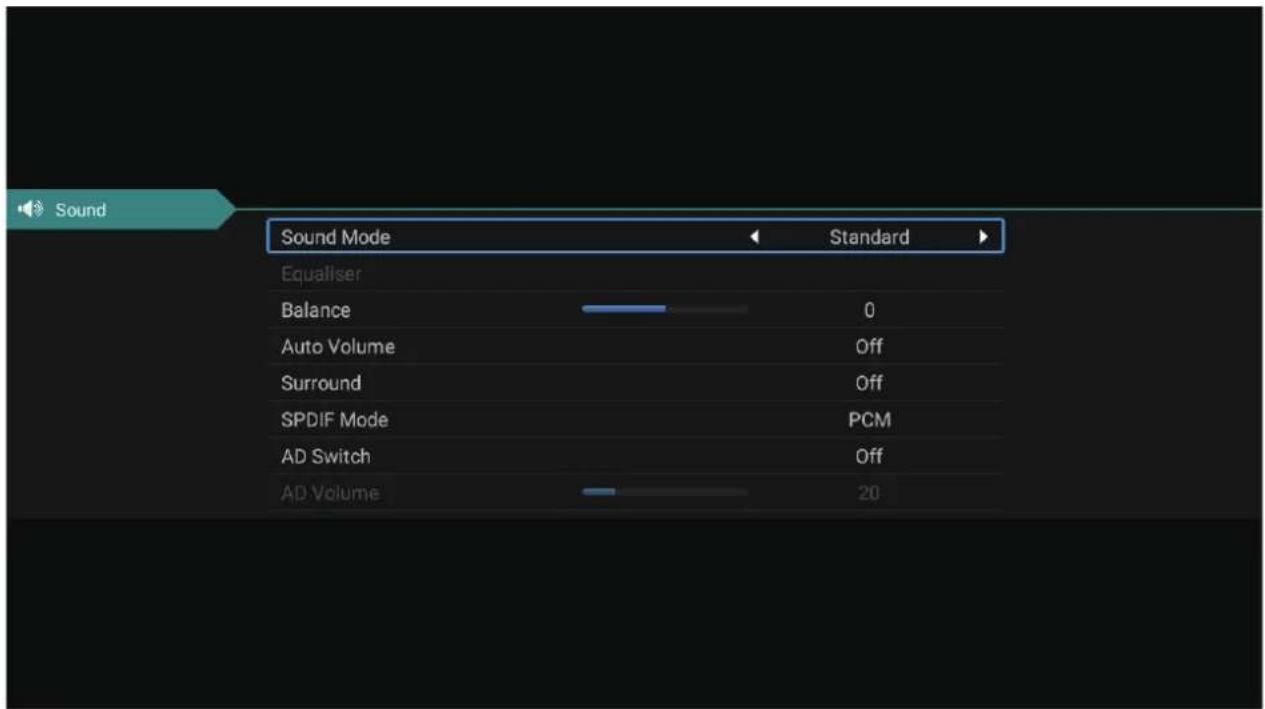 Sound Sound Mode Standard Equaliser Balance 0 Auto Volume Off Surround Off SPDIF Mode PCM AD Switch Off AD Volume 20