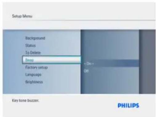Setup Menu Background Status To Delete Sleep Factory setup Language Brightness + On - Off Key tone buzzer. PHILIPS