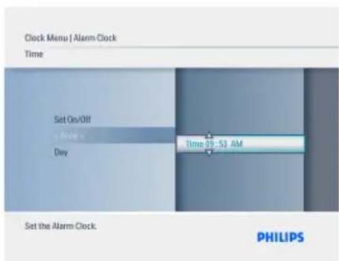 Clock Menu | Alarm Clock Time Set On/Off • Hide Dxy 2time 09:53 AM Set the Alarm Clock PHILIPS