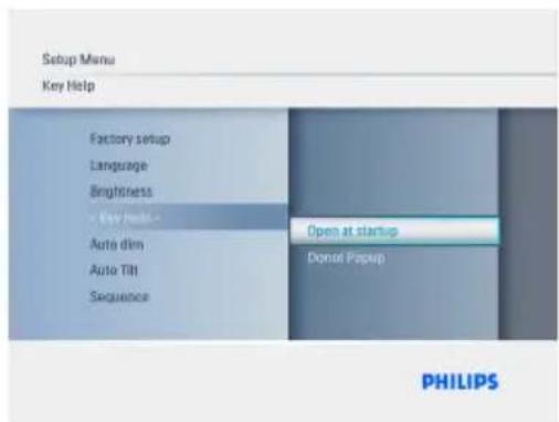 Setup Menu Key Help Factory setup Language Brightness - Key help - Open at startup Donat Popup Auto dim Auto Tilt Sequence PHILIPS