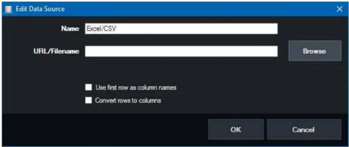 Edit Data Source Name Excel/CSV URL/Filename Browse Use first row as column names Convert rows to columns OK Cancel