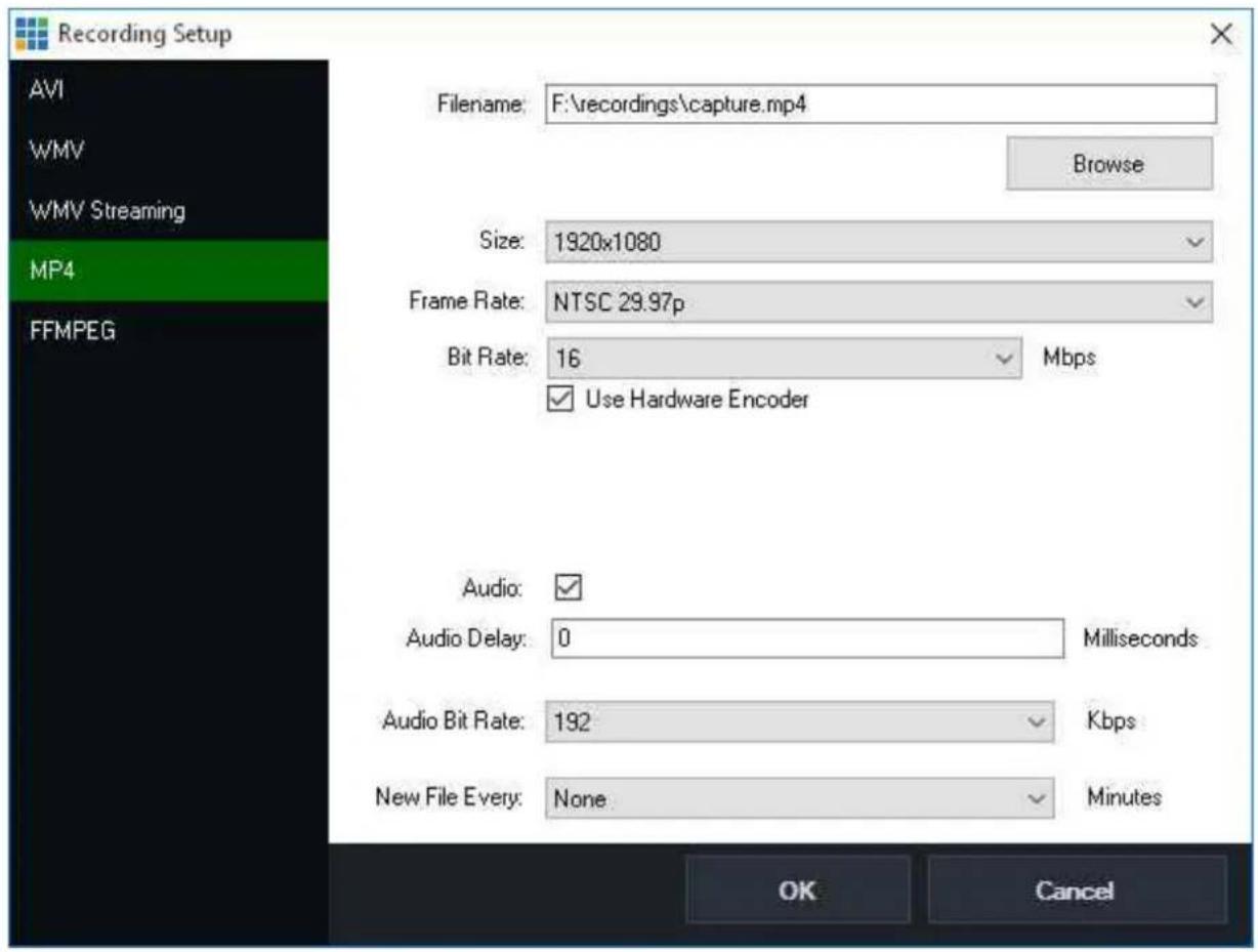 Recording Setup AVI WMV WMV Streaming MP4 FFMPEG Filename: F:\recordings\capture.mp4 Browse Size: 1920x1080 Frame Rate: NTSC 29.97p Bit Rate: 16 Mbps ✓ Use Hardware Encoder Audio: Audio Delay: 0 Milliseconds Audio Bit Rate: 192 Kbps New File Every: None Minutes OK Cancel