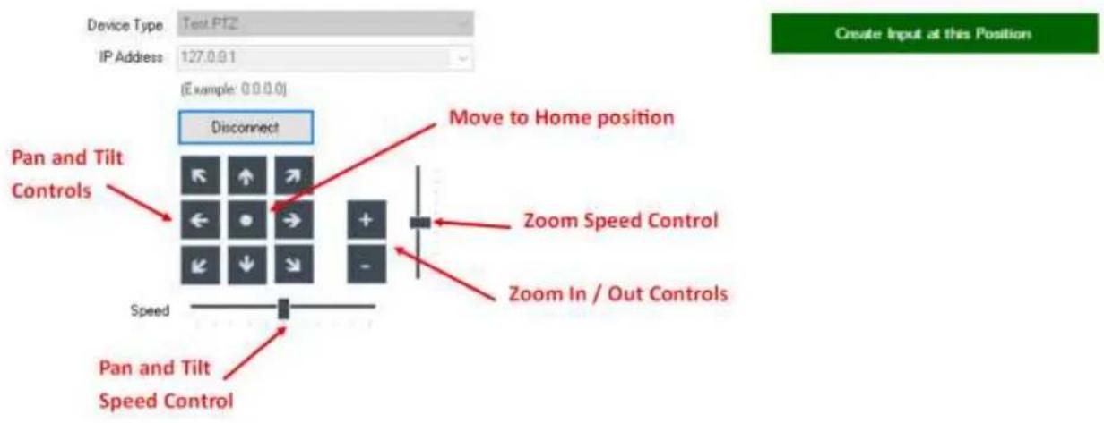 Device Type Test PTZ IP Address 127.0.9.1 (Example: 0.0.0.0) Pan and Tilt Controls Disconnect Move to Home position Zoom Speed Control Zoom In / Out Controls Speed Pan and Tilt Speed Control Create Input at this Position