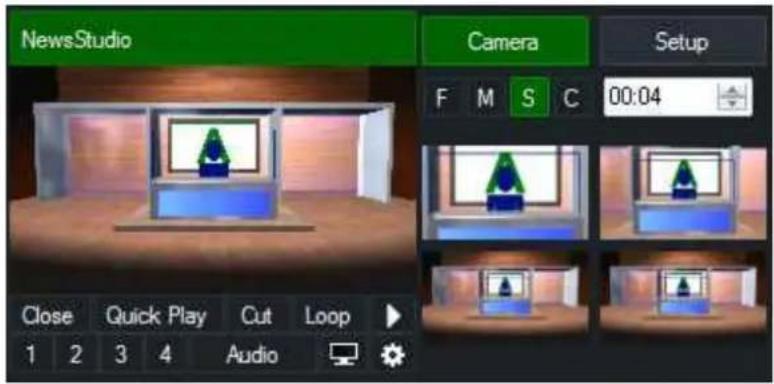 NewsStudio Camera Setup F M S C 00:04 Close Quick Play Cut Loop 1 2 3 4 Audio