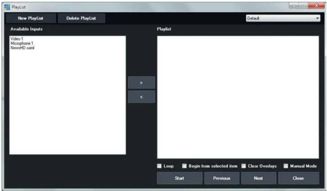 PlayList New PlayList Delete PlayList Default Available Inputs Video 1 Microphone 1 NewsHD.xml > > < Playlist Loop Begin from selected item Clear Overlays Manual Mode Start Previous Next Close