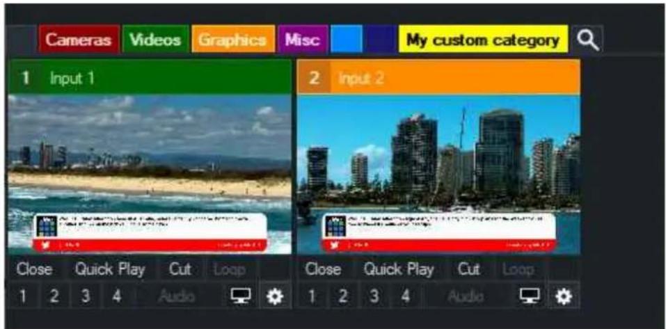 Cameras Videos Graphics Misc My custom category 1 Input 1 2 Input 2 Close Quick Play Cut Loop Close Quick Play Cut Loop 1 2 3 4 Audio 1 2 3 4 Audio