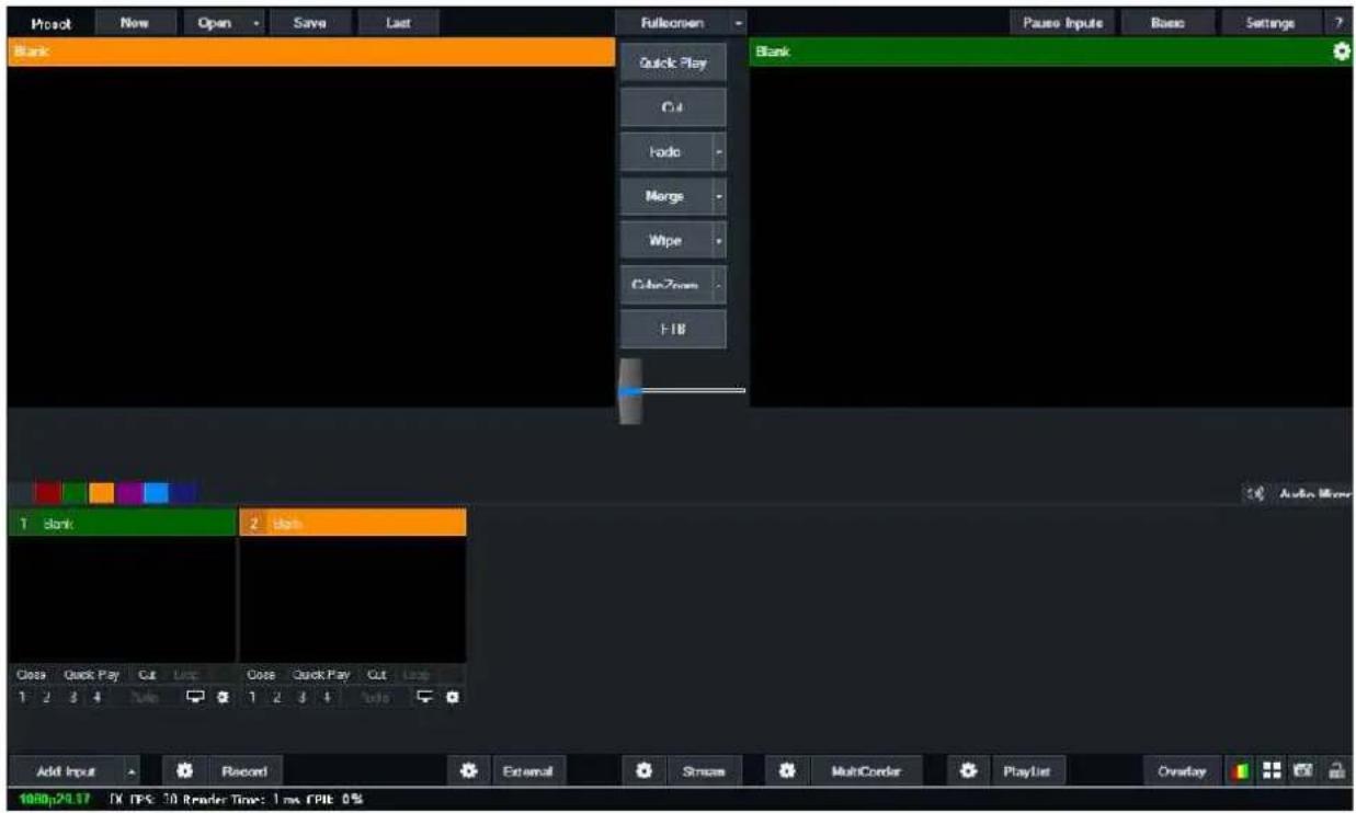 Project New Open Save Last Fullcosen Pause Inputs Basic Settings Blank Quick Play Cut Fade Merge Wipe ColorZoom FIB Blank Audio Mixer 1 slark: 2 slark Close Quick Play Cut Line Cose Quick Play Cut Line 1 2 3 4 Tube 1 2 3 4 Tube Add Input Record External Stream MultiCorner PlayList Overlay 100% 24.17 FX TPS: 30 Reader Time: 1 ms FPE: 0%