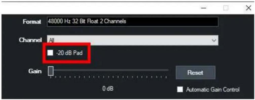Format 48000 Hz 32 Bit Float 2 Channels Channel All -20 dB Pad Gain Reset Automatic Gain Control 0 dB