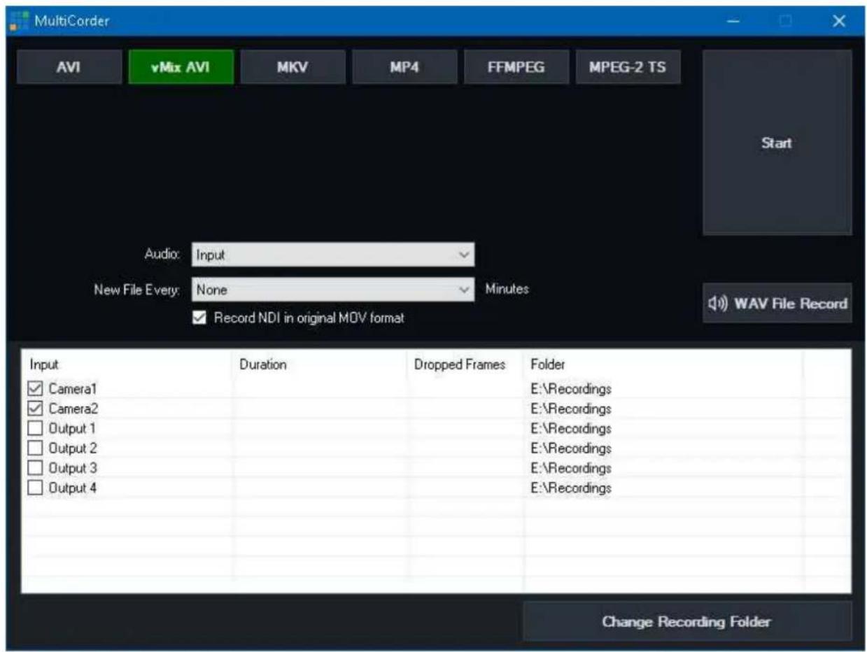 MultiCorder AVI vMix AVI MKV MP4 FFMPEG MPEG-2 TS Start Audio: Input New File Every: None Minutes ✓ Record NDI in original MOV format Input Duration Dropped Frames Folder ✓ Camera1 E:\Recordings ✓ Camera2 E:\Recordings □ Output 1 E:\Recordings □ Output 2 E:\Recordings □ Output 3 E:\Recordings □ Output 4 E:\Recordings Change Recording Folder