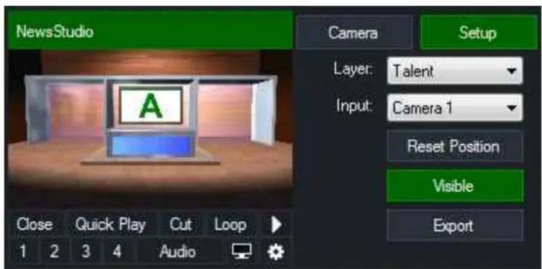 NewsStudio Camera Setup Layer: Talent Input: Camera 1 Reset Position Visible Export Close Quick Play Cut Loop 1 2 3 4 Audio