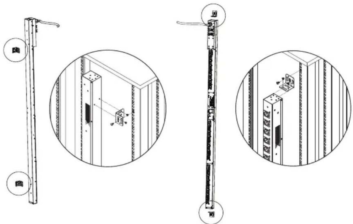 Technical diagram showing three views of a vertical electrical cabinet with labeled components and internal wiring connections.