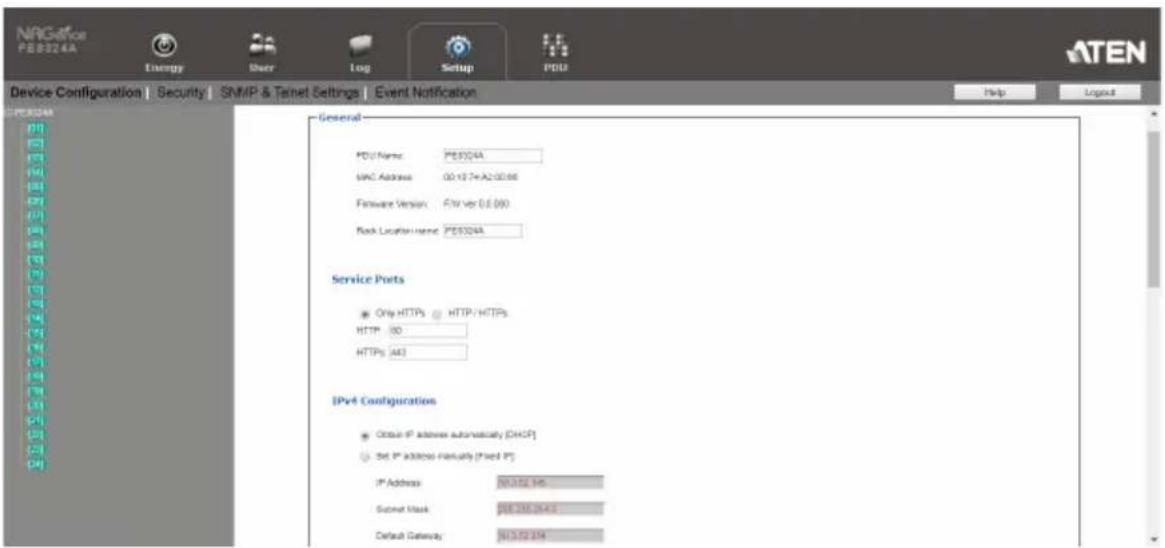 NVGAfee PS8324A Energy Other Log Setup PDD ATEN Device Configuration | Security | SNMP & Target Settings | Event Notification Help Logout General PID Name: PE0304A MAC Address: 00-15.74-A2:00.66 Firmware Version: FTR Ver 0.0 (00) Rack Location name: PE0304A Service Ports Only HTTPS HTTP:HTTPS HTTP: 00 HTTPS: 443 IPv4 Configuration Close IP address automatically (DHCP) Set IP address manually (fixed IP) IP Address: N0.352.344 Submit Mask: PS8.205.264.2 Default Gateway: N0.352.374