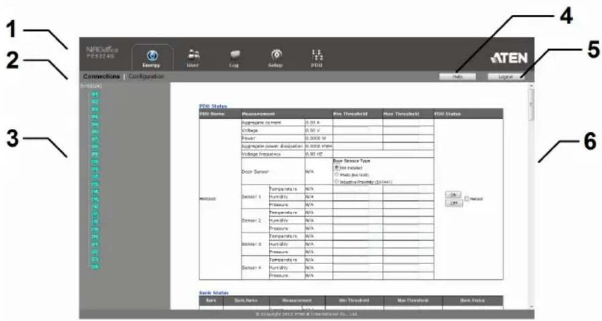 1 2 3 4 5 6 ATEN NRCase PE55240 Energy User Log Setup FIDU Connections | Configuration PDU Status PDU Name | Measurement | Max Threshold | Max Threshold | PDU Status PRODUCED Agriculture cost per unit: 0.00 A Voltage: 0.00 V Power: 0.000E V Agriculture power dissipation: 0.000E rpm Voltage frequency: 0.00 Hz Door Sensor : N/A Base Service Type ● Just checked ○ Photo (bit, 10x) ○ Inductive (Primary 201441) Sensor 1 : Temperature N/A Humidity N/A Pressure N/A Sensor 2 : Temperature N/A Humidity N/A Pressure N/A Sensor 3 : Temperature N/A Humidity N/A Pressure N/A Sensor 4 : Temperature N/A Humidity N/A Pressure N/A Balance Status Bank : Bank Name : Measurement : Min Threshold : Max Threshold : Bank Status