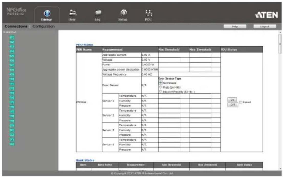 NAGOffice P89324G Energy User Log Setup PDU Connections | Configuration PDU Status PDU Name Measurement Min Threshold Max Threshold PDU Status PES324G Aggregate current 0.00 A DOE Sensor Type ● Not Installed ○ Photo (EA1441) ○ Inductive Proximity (EA1441) Sensor 1 Temperature N/A ON Humidity N/A OFF Pressure N/A Sensor 2 Temperature N/A Retout Humidity N/A OK Pressure N/A Sensor 3 Temperature N/A OUT Sensor 4 Temperature N/A OUT Humidity N/A OUT Pressure N/A Bank Bank Name Measurement Min Threshold Max Threshold Rent Status Copyright 2012 ATEN @ International Co., Ltd.