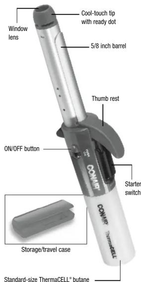 Window lens Cool-touch tip with ready dot 5/8 inch barrel Thumb rest ON/OFF button Starter switch CONVIR CONVIR THermoCELL® Storage/travel case Standard-size ThermaCELL® butane