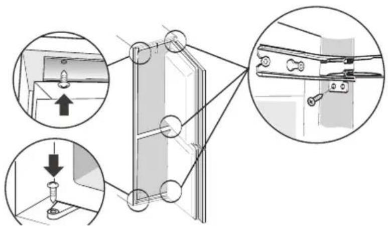 Technical diagram showing mechanical assembly steps with magnified views of components like bolts and screws