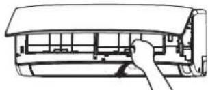 Line drawing of a car air conditioner unit with a hand inserting a component (no text or symbols)