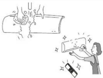 Illustration of a person using a spray gun to clean or exhaust air, with a hand spraying water above (no text or symbols)