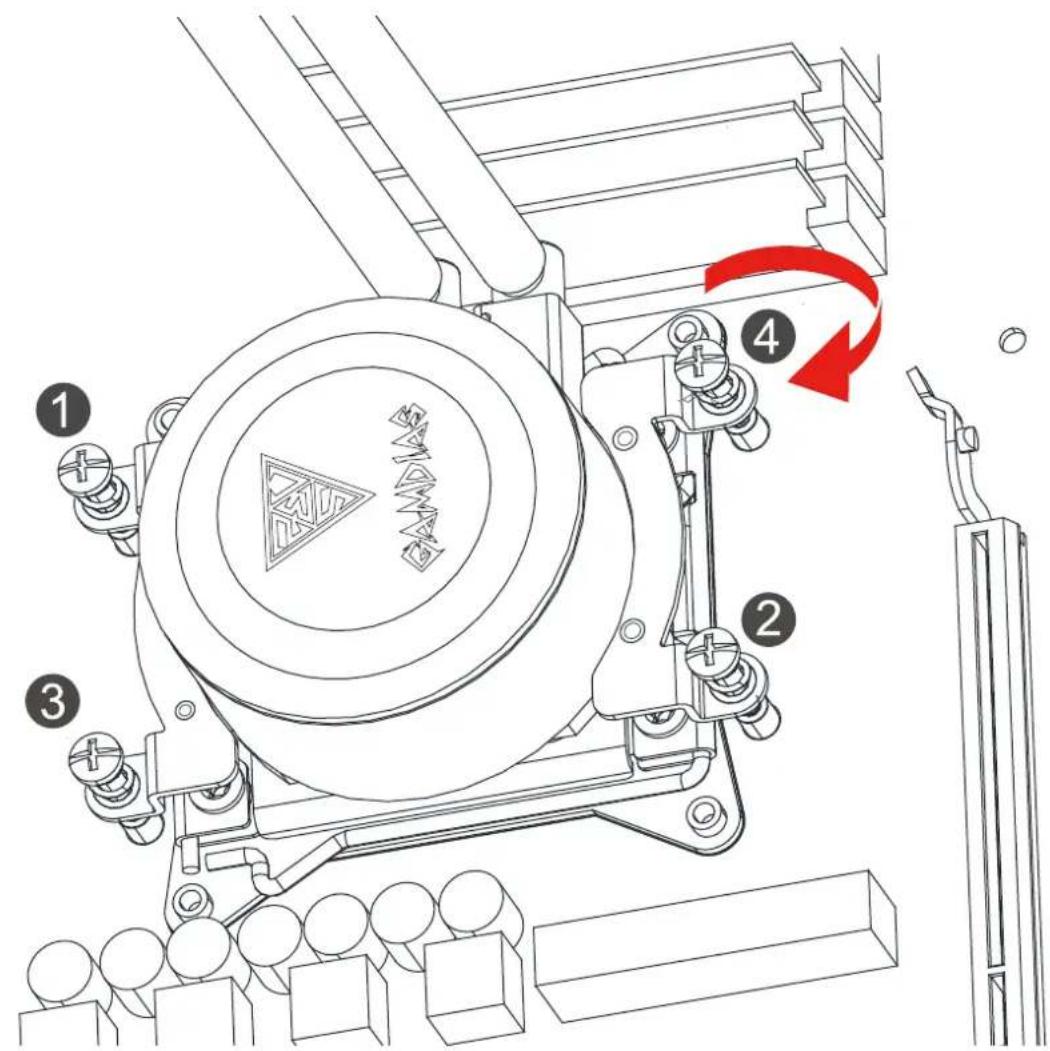 Technical diagram of a mechanical device with numbered components and a red directional arrow indicating rotation or movement.