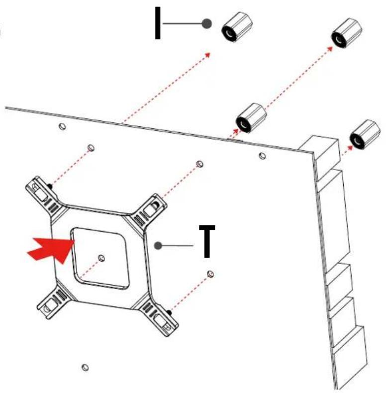 Technical diagram showing mechanical assembly with labeled components and directional arrows, including a red arrow pointing to a component labeled 'T'.