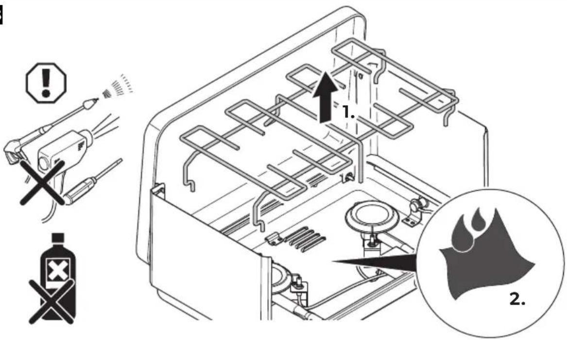 Diagram illustrating fire extinguishing process with labeled components and warning symbols