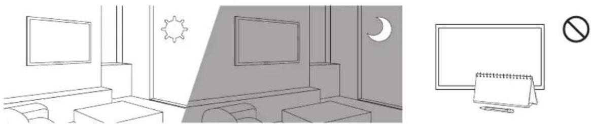 Interior and exterior views of a living room with TV, night sky, and no-smoking sign (no text or symbols on main objects)
