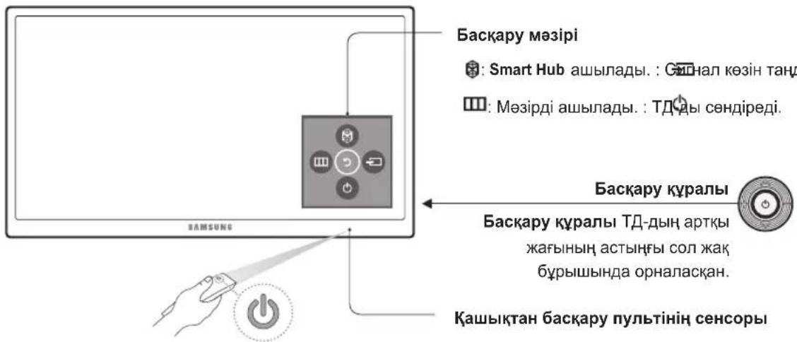 Баскару мәзірі : Smart Hub ашылады. : Смінал көзін таңд : Мәзірді ашылады. : ТДды сөндіреді. Баскару күралы Баскару күралы ТД-дың артқы жағының астыңғы сол жақ бұрышында орналасқан. Қашықтан баскару пультінің сенсоры
