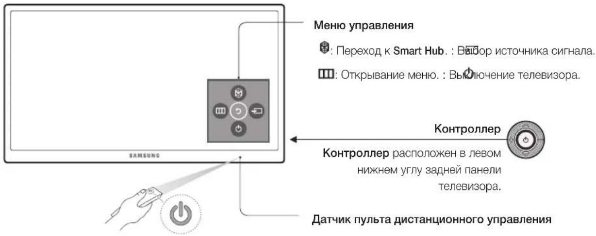 Меню управления : Переход к Smart Hub. : Втор источника сигнала. : Открывание меню. : Выключение телевизора. Контроллер Контроллер расположен в левом нижнем углу задней панели телевизора. Датчик пульта дистанционного управления