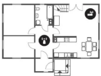 Floor plan diagram with labeled rooms and furniture layout