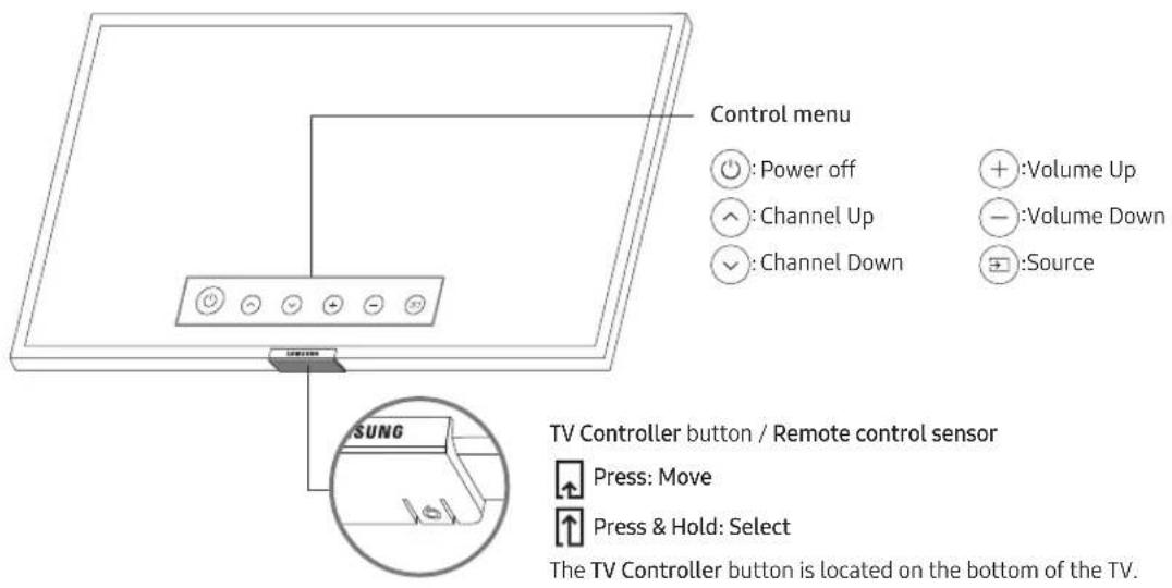 Control menu ● Power off ▲ Channel Up ✓ Channel Down + :Volume Up - :Volume Down ⊕ :Source TV Controller button / Remote control sensor Press: Move Press & Hold: Select The TV Controller button is located on the bottom of the TV.