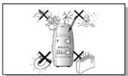 Hand-drawn sketch of a bottle with crossed-out X marks and warning symbols, possibly indicating a safety or hazard.
