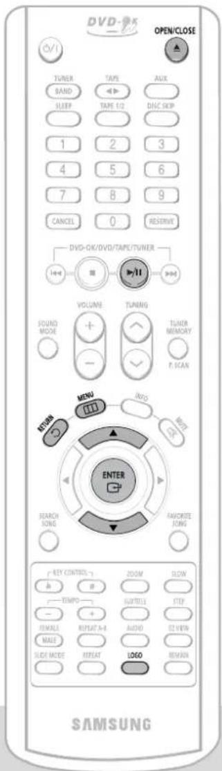 DVD-OK OPEN/CLOSE TUNER BAND SLEEP TAPE 1/2 DLC SKIP 1 2 3 4 5 6 7 8 9 CANCEL 0 RESERVE DVD-DK/DVD/TAPE/TUNER VOLUME TUNING TUNOR MEMORY F. SCAN MENU INFO NEXT ENTER FAMORITE TONG SEARCH SONG RICHEN SAMSUNG