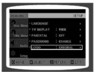 PERSON DIS: None • LANGUAGE • TV DISPLAY : VIDE • PARENTAL : OFF • PASSWORD : CHANGE • LOGO : ORIGINAL Setup MOVE SELECT RETURN EXIT