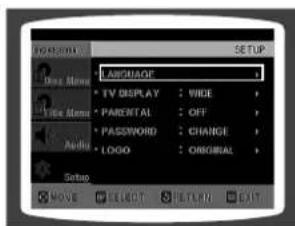 LANGUAGE TV DISPLAY : VIDE PARENTAL : OFF PASSWORD : CHANGE LOGO : ORIGINAL Setup MOVE SELECT RETURN EXIT
