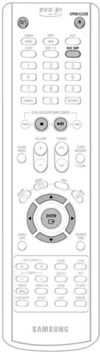 DVD-OK OPEN/CLOSE TUNER BAND SLEEP TAPE TAPE 1/2 AUX DISC SKIP 1 2 3 4 5 6 7 8 9 CANCEL 0 RESERVE DVD-DK/DVD/TAPE/TUNER VOLUME TUNING SOUND MODES - TUNER MEMORY R SCAN MONG INTO RUT ENTER ENTER SEARCH SONG FONOMTE SONG r KEY CONTROL B θ TIMPS HUTTER STEP FEMALE REPEAT A-R AUDIO CT VIEW MALE SIDE MODE RETURN LOGO REMAIN SAMSUNG