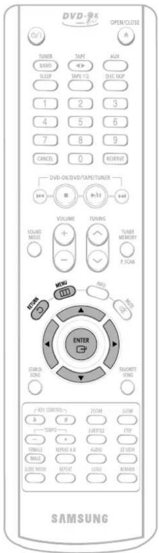 DVD-OK OPEN/CLOSE TUNER BAND SLEEP TAPE TAPE 1/2 OLIC STOP 1 2 3 4 5 6 7 8 9 CANCEL 0 RESERVE DVD-OK/DVD/TAPE/TUNER VOLUME TURING SOUND MODE + - TUNER MEMORY P. SCAN RETURN MINDI RHO NOTE CAY ENTER STANDING FAUORATE SONG a KEY CONTROL-1 b B JUSTYLE STOP FEMALE + + FEMALE A-B AUDIO EZ VIEW MALE SLIDE METER RESET LOGO AIMAIN SAMSUNG