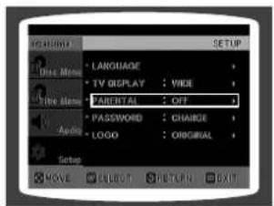 DISCUIT SET UP • LANGUAGE • TV DISPLAY : VIDE • PARENTAL : OFF • PASSWORD : CHANGE • LOGO : ORIGINAL Setup MOVE SELECT RETURN EXIT