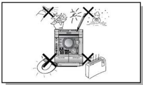 Diagram showing a washing machine with warning symbols and icons, including a sun, moon, and battery.