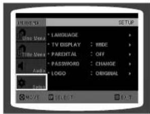 PHONE USE Menu • LANGUAGE • TV DISPLAY : WIDE • PARENTAL : OFF • PASSWORD : CHANGE • LOGO : ORIGINAL • MODE | SELECT | RAT