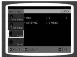 AUDIO • DRC : 2 • AV-SYNC : 0mSec • Audio Setup MOVE ELECT EXIT