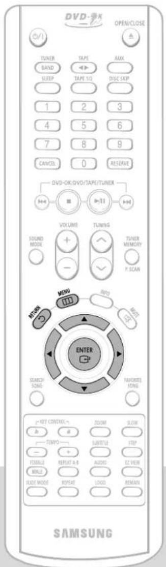 DVD-OK OPEN/CLOSE TUNER BAND SLEEP TAPE 1/2 DISC SKIP 1 2 3 4 5 6 7 8 9 CANCEL 0 RESERVE DVD-OK/DVD/TAPE/TUNER VOLUME TUNING SOUND MODE + - TUNER MEMORY P. SCAN RETURN MONO RWD ELETTLE ENTER SEARCH SONG FAVORTE LONG SAMSUNG