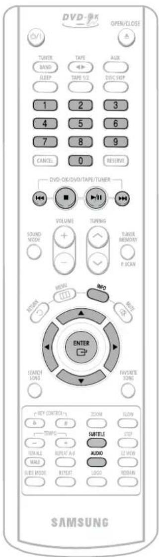 DVD-OK OPEN/CLOSE TURER BAND SLEEP TAPE TAPE 1/2 AUX DISC:RIP 1 2 3 4 5 6 7 8 9 CANCEL 0 RESERVE DVD-OK/DVD/TAPE/TUNER VOLUME TUNING TURER MEMORY P. ICAN MENU INFO RETURN ENTER SEARCH SONG FAVORTE RONG F-KEY (CONTROL) B #1 ZOOM FLOW TEMPLE SUBTITLE LITEF REMALL REPEAT A-R AUDIO E2 VIEW MAKE SLIDE MODE REPEAT LOGO REMAIN SAMSUNG