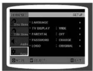 14 MHz DISC Menu • LANGUAGE • TV DISPLAY : PMDE • PARENTAL : OFF • PASSWORD : CHANGE • LOGO : ORIGINAL • MODE • SELECT • EXIT